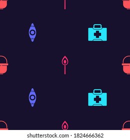 Set First aid kit, Kayak or canoe, Burning match with fire and Camping pot on seamless pattern. Vector.