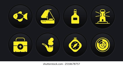 Set First aid kit, Lighthouse, Smoking pipe, Compass, Rum bottle, Yacht sailboat, Radar with targets and Fish icon. Vector