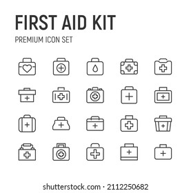 Set of first aid kit line icons. Premium pack of signs in trendy style. Pixel perfect objects for UI, apps and web.