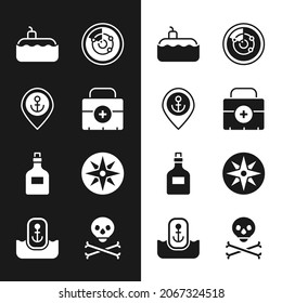 Set First aid kit, Location with anchor, Submarine, Radar targets, Rum bottle, Wind rose, Skull crossbones and  icon. Vector