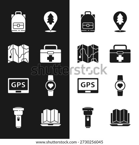 Set First aid kit, Location of the forest on map, Hiking backpack, Gps device with, Smart watch showing heart beat rate, laptop and Flashlight icon. Vector