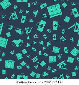 Set First aid kit, Locker or changing room, Protective sport jockstrap and Ice hockey cup champion on seamless pattern. Vector