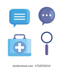 set of first aid kit with magnifying glass and speech bubbles vector illustration design