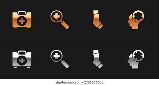 Set First aid kit, Magnifying glass for search medical, Inhaler and Male head with hospital icon. Vector