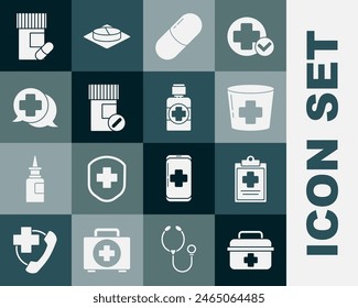 Set First aid kit, Medical clipboard with clinical record, Nurse hat cross, Medicine pill tablet, bottle and pills, Dialogue the doctor,  and Bottle of medicine syrup icon. Vector