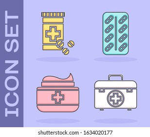 Set First aid kit, Medicine bottle and pills, Ointment cream tube medicine and Pills in blister pack icon. Vector
