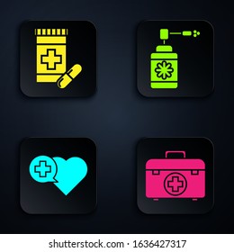 Set First aid kit, Medicine bottle and pills, Heart with a cross and Medical bottle with nozzle spray. Black square button. Vector