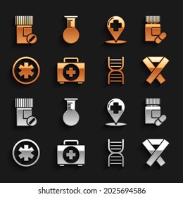 Set First aid kit, Medicine bottle and pills, Awareness ribbon, DNA symbol, Medical of the Emergency, Map pointer with cross hospital,  and Test tube flask icon. Vector