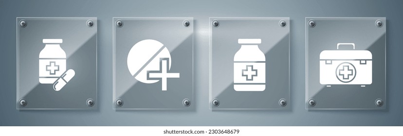 Set de botiquín de primeros auxilios, Frasco de Medicina, pastilla o tablet de Medicina y frasco y pastillas de Medicina. Paneles de vidrio cuadrado. Vector