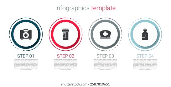 Set First aid kit, Medicine bottle, Nurse hat with cross and Bottle of medicine syrup. Business infographic template. Vector