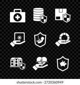 Kit de primeros auxilios, dinero con escudo, seguridad de entrega, casa, seguro de vida en mano, hucha, caja fuerte e icono. Vector