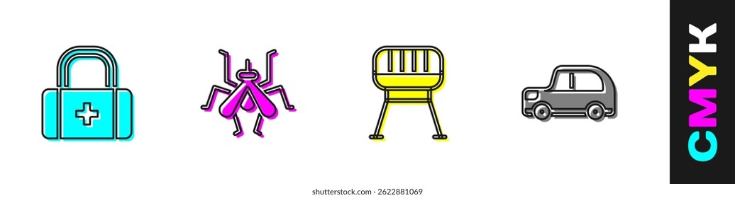 Set First aid kit, Mosquito, Barbecue grill and Car icon. Vector