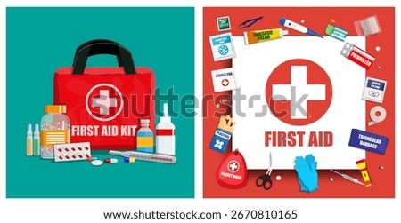 Set of first aid kit objects including medical bag, pills, and bandages. Healthcare concept for emergency care.
