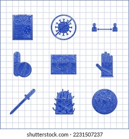 Set First aid kit, Virus de la rabia, Virus, Guantes de goma médica, Pipeta, Píldora o tablet de Medicina, Distancia segura y Portapapeles con el icono de resultados de análisis de sangre. Vector