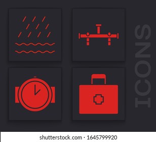 Ajuste el kit de primeros auxilios, el icono de lluvia y ondas, el colector y el reloj de buceo. Vector