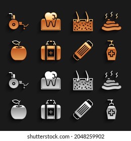 Set Erste Hilfe Kit, Schit, Flüssige antibakterielle Seife, medizinische Schutzmaske, Apfel, Haare bedeckende Haut, Rollstuhl und Zahn mit Karies Symbol. Vektorgrafik