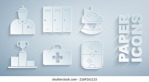 Set First aid kit, Skates, Hockey over sports winner podium, Air hockey table, Locker changing room and coach icon. Vector