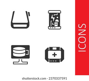 Set First aid kit, Smart glasses on spectacles, Cloud database and Cryogenic capsules icon. Vector