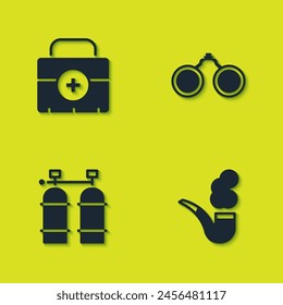 Set First aid kit, Smoking pipe, Aqualung and Binoculars icon. Vector