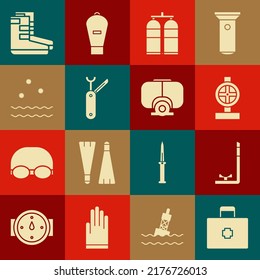 Set First aid kit, Snorkel, Industry metallic pipes and valve, Aqualung, Swiss army knife, Cold waves, Boots and Diving mask icon. Vector