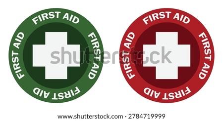 Set of first aid kit stamps. First aid kit sticker concept. First aid kit title inside circle. Vector illustration.