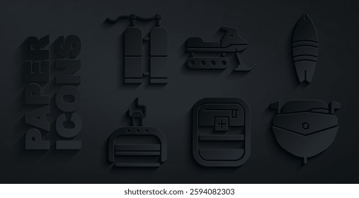 Set First aid kit, Surfboard, Ski lift, Speedboat, Snowmobile and Aqualung icon. Vector