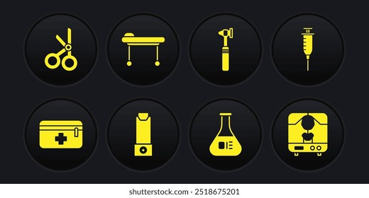 Set First aid kit, Syringe, Inhaler, Test tube and flask, Medical otoscope tool, Stretcher, X-ray machine and scissors icon. Vector