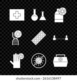 Set First aid kit, Test tube and flask, Bottle with virus, Hand, Stop, DNA symbol and Pills in blister pack icon. Vector