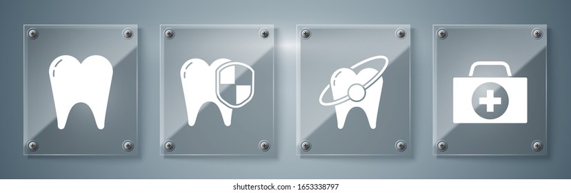 Set First aid kit, Tooth whitening concept, Dental protection and Tooth. Square glass panels. Vector