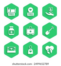 Set First aid kit, Volunteer, The heart world - love, Shovel, Donation and charity, Medicine bottle pills, Blood donation and Free overnight stay house icon. Vector