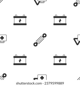 Set First aid kit and warning triangle, Shock absorber and Car battery on seamless pattern. Vector