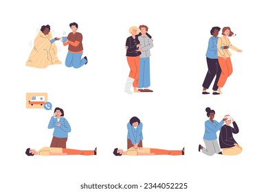 Set of first aid people flat style, vector illustration isolated on white background. Decorative design elements collection, health and medicine, care and help, sick and injured characters