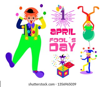 set for the first of April on the day of the fool with a jester and box, balls, smiles
