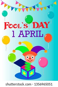 set for the first of April on the day of the fool with a jester and box, balls, smiles