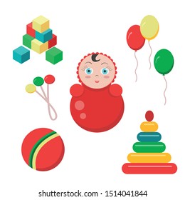 Set of the first children's toys - doll,
rattle, ball, cubes, pyramid in basic colors. Vector graphics.