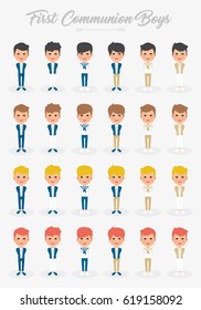 Set of First Communion Boys with different hairs and dresses. Isolated Vector
