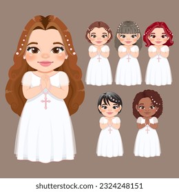 Set of First communion concept with diverse girls praying have rosary in hand vector