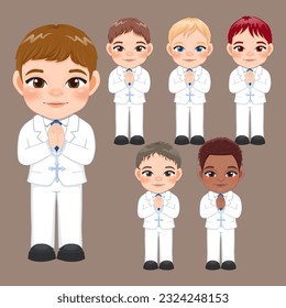 Set of First communion concept with diverse boys praying have rosary in hand vector