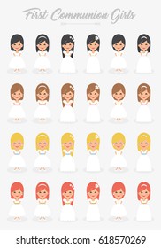 Set of First Communion Girls with different hairs and dresses. Isolated Vector
