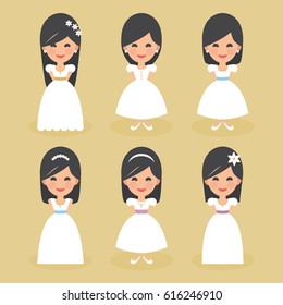 Set of First Communion girls. Golden background. Vector
