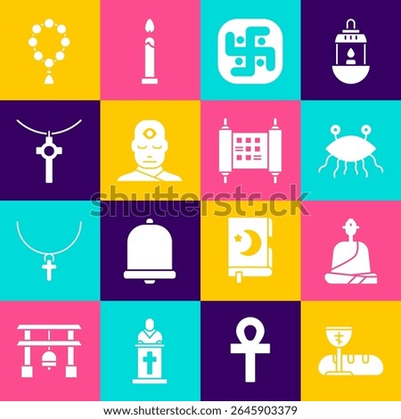 Set First communion symbols, Buddhist monk, Pastafarianism, Jainism, Man with third eye, Christian cross chain, Rosary beads religion and Decree, paper, parchment, scroll icon. Vector