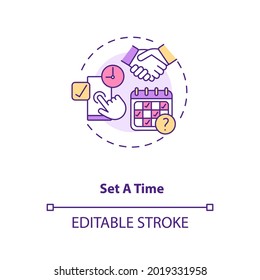 Set first date time tips concept icon. Select date, time, make appointment ideas thin line illustration. Use mobile app to choose meeting day vector isolated outline RGB color drawing. Editable stroke