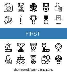 Set of first icons such as First aid kit, Gold medal, Trophy, Scraper, Medal, Reward, Award, Prize, Paramedic, Rescue boat, Badge, Communion, Stethoscope , first