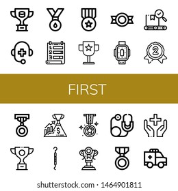 Set of first icons such as Trophy, Medical support, Medal, Ranking, Award, Kneepad, Quality, Silver medal, Success, Scraper, Stethoscope, Healthcare, Ambulance , first