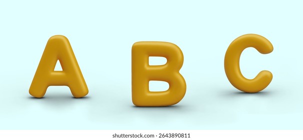Set of first letters of English alphabet. Golden text symbols in 3D style. Isolated templates, language learning concept. Composition for advertising preschools, schools, language resources