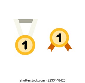 Set of First Place Golden medal with ribbon. Competition, reward, achievement concept. Flat cartoon vector design illustration.
