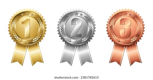 Set of first, second, third prize medals. On isolated white background. Award badge with gold, silver, bronze ribbons. Champion symbol of victory in the game. Vector illustration.