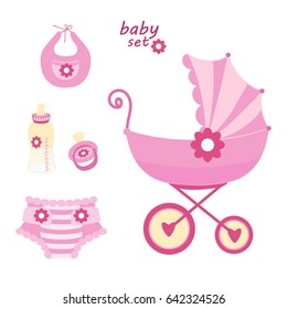Set the first things a newborn baby on a white background.The stroller,bottle of milk,pacifier,bib,diaper.Vector illustration for a girl.Design elements in pink color for scrapbooking,kids website.