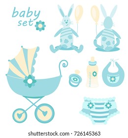 Set the first things a newborn baby.The stroller,bottle of milk,pacifier,bib,diaper,rabbit,balloon.Vector illustration for a boy.Design elements in blue color for scrapbooking,kids website.