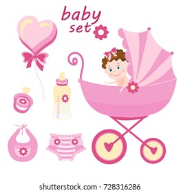 Set the first things a newborn baby on a white background.daughter, stroller,bottle of milk,pacifier,bib,diaper,balloon.Vector illustration for a girl.Design  pink color for scrapbooking,kids website.